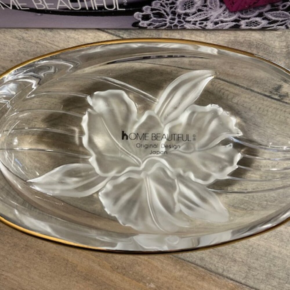 Home Beautiful Orchid Splendor Crystal Gold Trimmed Oval Candy Nut Dish Japan